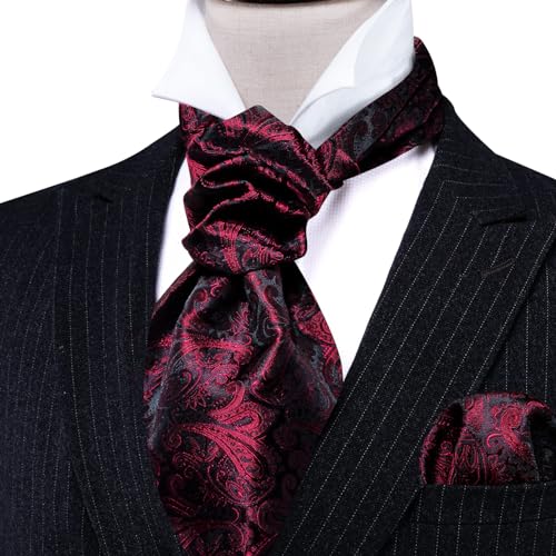 Image of Barry.Wang Ascot Ties Cravat Tie Men Paisley Plaid Scarf Self Tie Pocket Square Cufflinks Set Wedding Party