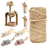Sisalseil 6mm/50m für Katzenkratzbaum Ersatz, Natur Juteseil mit 2 Katzenspielzeug Sisalbälle/4 Sisalmäuse, Dickes Natürliches Hanfseil, Lange Kratzseil für DIY Verpackung/Pfotenballen/Garten