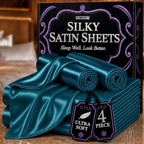 DECOLURE Satin Sheets Full Size Set 4 Pcs - Silky & Luxuriously Soft Satin Bed Sheets w/ 15inch Deep Pocket - Similar to Silk Sheets - Double Stitching, Wrinkle Free (Sea Teal)