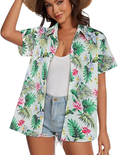 Image of Women Hawaiian Shirt Button Down Summer Tops Beach Short Sleeve Blouse