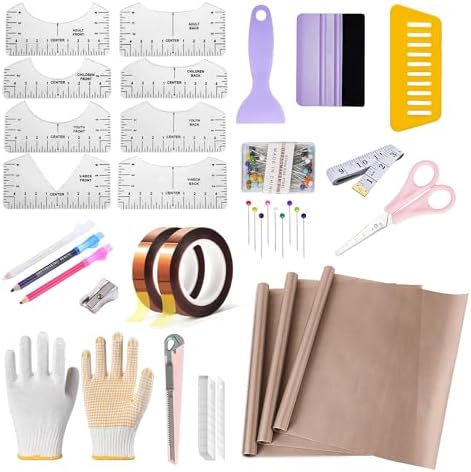 T Shirt Heat Press Starter Kit, Sublimation Accessories and Supplies with Ruler Guide, Teflon Sheets, Heat Tape, Heat Gloves, Marking Pencils, Sewing Pins