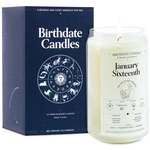 Birthdate Candles, January 16 - Capricorn Zodiac Scented Candles Birthday Gift - Sage, Frankincense & Oakmoss Scent - All-Natural Soy & Coconut Wax, 60-80 Hour Burn Time - Made in USA