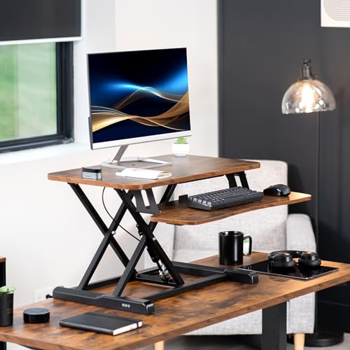 Image of VIVO 28 inch Desk Converter, K Series, Height Adjustable Sit to Stand Riser, Dual Monitor and Laptop Workstation with Keyboard Tray, Rustic Vintage Brown Top, Black Frame, DESK-V028KN