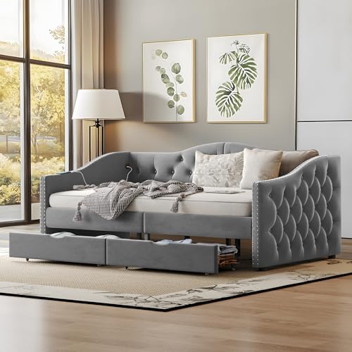 UQGVML Twin Size Daybed with Storage Drawers, Upholstered Daybed with 2 USB Ports, Sturdy Wood Frame,Day Bed for Bedroom, No Box Spring Needed, Grey