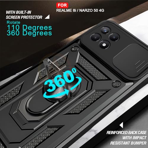 Image of Armor Bumper Back Cover Case for Realme 8i / Narzo 50 4G Rotating Camera Cover, Ring Holder & Kickstand | Heavy Duty & 360 Degree Protection Realme 8i / Narzo 50 4G Back Cover (Black)