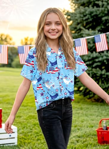 Image of BesserBay Unisex Kids 4th of July Shirt Girls Boys Patriotic Button Down Shirt American Flag Top 4-14 Years