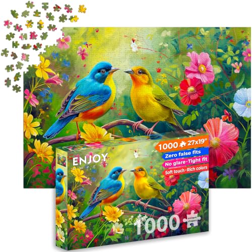 Puzzle 1000 pièces pour Adultes - Oiseaux Amoureux Parmi Les Fleurs de la forêt | Finition Mate antireflet | Puzzle Amusant et exigeant | 68 x 48 cm | Cadeau Original | Enjoy