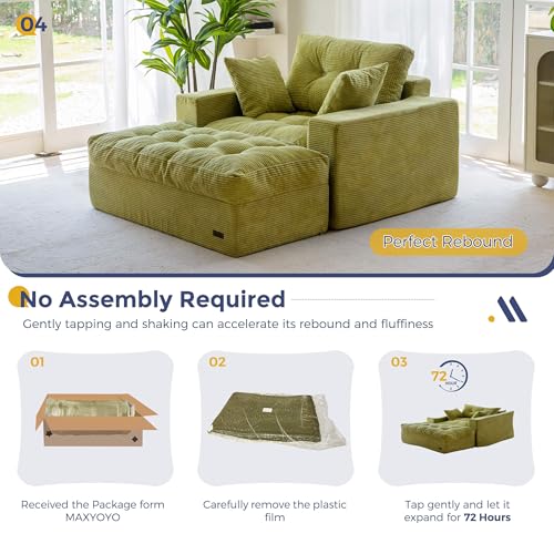 Image of MAXYOYO Modular Sectional Chaise Lounge Sofa, Upholstered Lounge Chair with Ottoman, Comfy Couch with Layered Cushion, Tufted Cozy Sleeper Chair for Living Room, No Assembly, Green