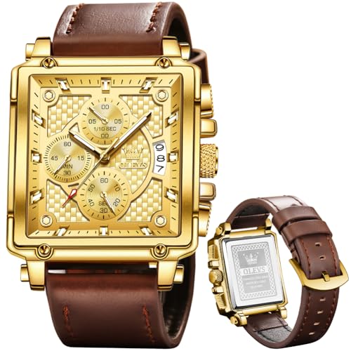 OLEVS Watch for Men Chronograph Square Brown Leather Fashion Big Face Business Drees Waterproof Luminous Casual Business Gold Men Watch