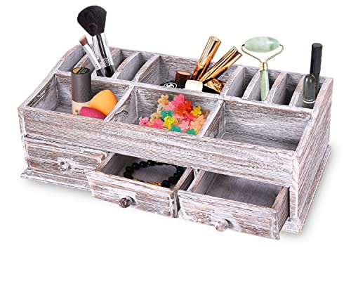 Rustic Wooden Desk Organizer for Home or Office - Makeup Organizer and Storage for Bathroom – Vanity Organizer with 3 Drawers and 6 Compartments – Rustic White Workspace Organizer