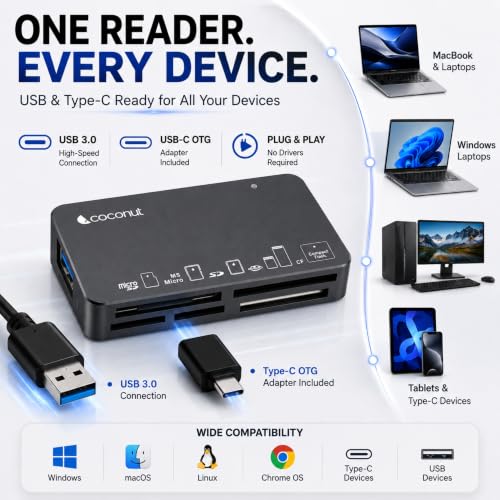 Image of Coconut CR11 USB 3.0 Card Reader with Type C 3.1 OTG, 6 in 1 Memory Card Adapter Compact Flash CF, TF, SD, MicroSD, SDHC, SDXC, MS Upto 10 Gbps Speed for Windows & Mac - PC Laptop Mobile - Black | 6 in 1 Memory Card Adapter, Compact Flash CF, TF, SD, MicroSD, SDHC, SDXC, MS, Upto 10 Gbps Speed