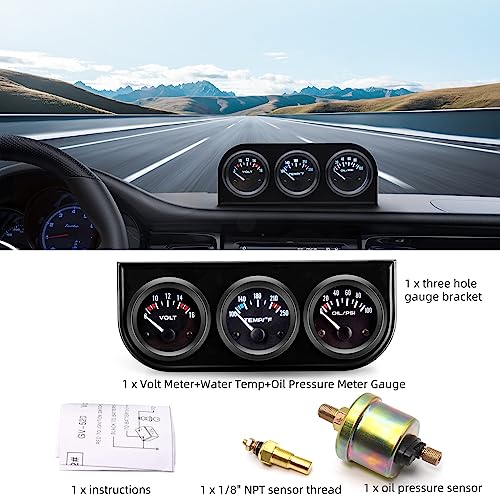 Maimeimi Triple Gauge Set (8-16V Volt Meter +100-250℉ Water Temperature Gauge+ 0-100 Psi Oil Pressure Gauge) 2'' 52Mm 3 In1 Car Auto Gauge Kit Dashboard Black Console For 12V Cars #TOP3