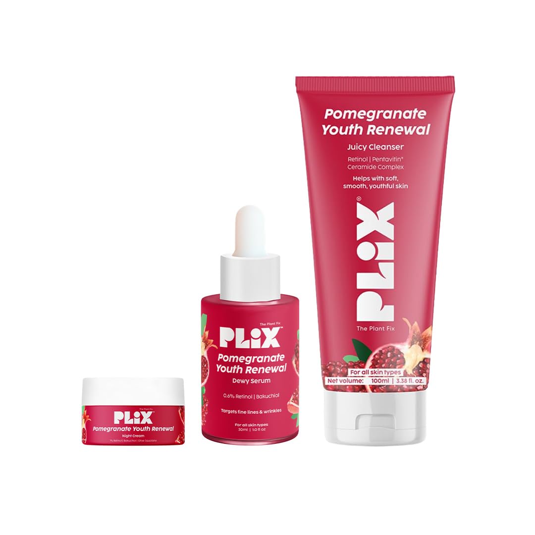 Plix Pomegranate Youth Renewal Night Care Combo with Juicy Cleanser, Youth Renewal Serum & Retinol Night Cream | Fine Lines, Wrinkles & Hydration