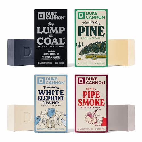 Image of Duke Cannon Big Brick of Soap Holiday 4-Pack for Men - 10 oz Each - Long-Lasting Triple-Milled Bar Soaps in Holiday Scents: Lump of Coal, Illegally Cut Pine, Santa's Pipe Smoke, White Elephant