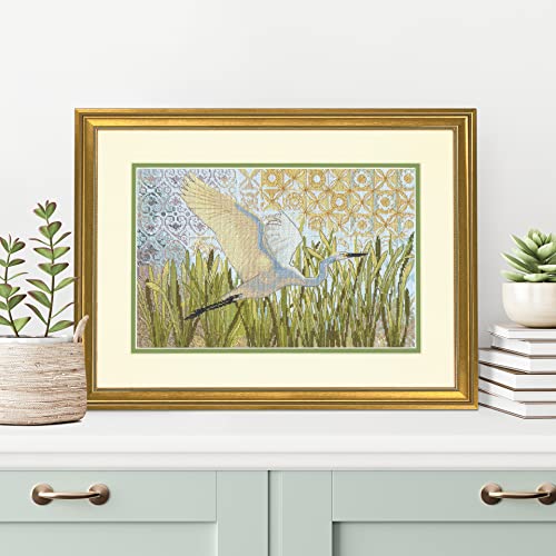 Image of Dimensions 70-35411 Egret in Flight Counted Cross Stitch Kit for Beginners, 14 inch x 9 inch, 14 Cnt. Light Blue Aida, 4pcs