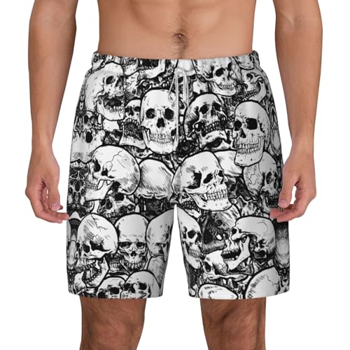 Black and White Skulls Pattern Breathable Fit Trends Men's Swim Trunks Board Short with Waist Elastic Band Swimming Trunks