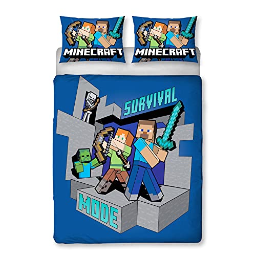 Minecraft Survive Bettbezug, offizielles Lizenzprodukt, wendbar, 2-seitiges Survive-Design mit passendem Kissenbezug, Polycotton, blau (Doppelbett)