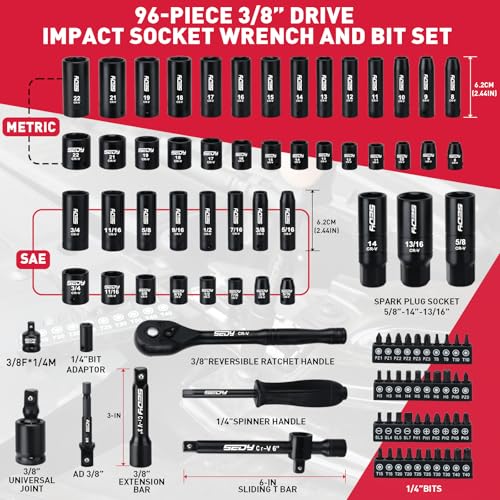 96-Piece 3/8" Drive Impact Socket Wrench and Bit Set, SAE 5/16”-3/4” & Metric 8-22mm, Cr-V Standard & Deep Sockets, Power Bits, Ratchet Handle, Universal Joint, Bit Holder, Adapters, Spark Plug Socket - Image 2