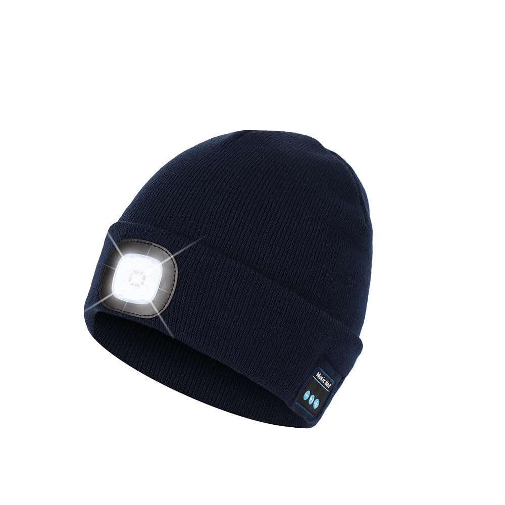 Longcanhui Men's Navy Bluetooth Beanie Hat With Light, Headlamp Cap With Headphones And Built-In Speaker Mic, Gifts For Wo Teen, One Size