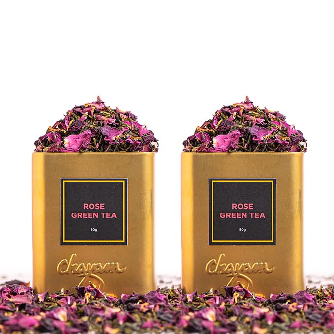 Image of CHAYAM Rose Green Tea, 50g each | Exotic Tea with Real Dried Rose Petals & Whole Leaf Green Natural Ingredients | No Sugar & Zero Calories - Pack of 2