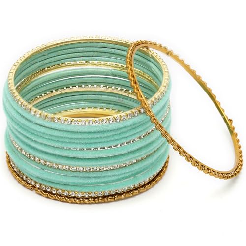 Image of ZENEME Gold-Plated Matte Finish Velvet White American Diamonds Studded Bangles Set Of 18 For Girls and Women