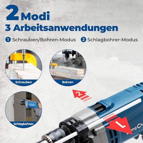 Bild 2 - DongCheng Schlagbohrmaschine Bohrhammer 710W,13 mm Bohrfutter Schlagbohrer 45,000 IPM, 3000 RPM mit 15 Stück Bohrkronen für Metall, Holz und Ziegelmauer