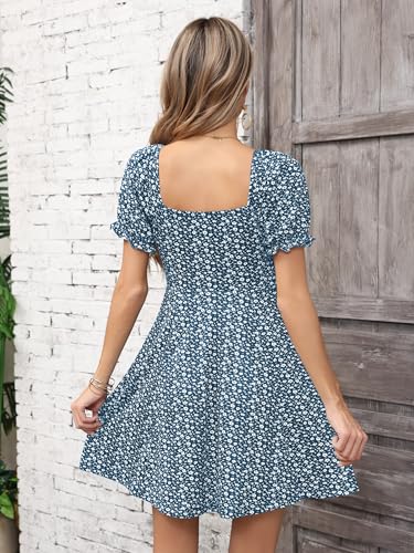Image of Missufe Women's Puff Short Sleeve Drawstring Ruched Front Fit and Flare Floral Summer Casual Short Dress