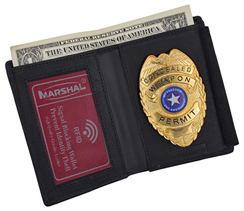 Marshal RFID Genuine Leather Black Slim Thin Bifold ID Money Wallet Oval Shape Badge Holder2
