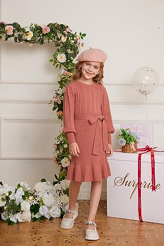 GRACE KARIN Girls Sweater Dress Cable Knit Long Sleeve Fall Winter Dress for Girl with Belt Sizes 6-143
