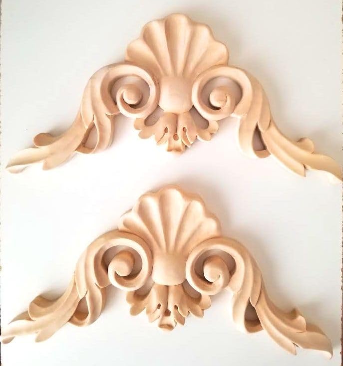 2PC/Pair, 4", 7-7/8", 12" Hand Carved Oak Birch Wood Shell Corner Onlay Applique. OW705 (4" x 4" x 1/2"TH, Birch Wood)