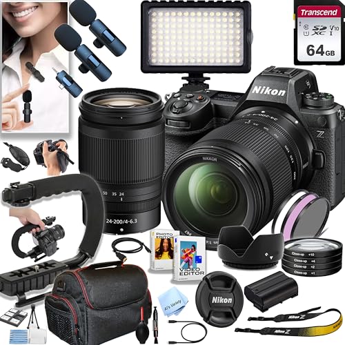 Nikon Z6 III Mirrorless Digital Camera, Z DX 24-200mm f/4-6.3 Lens | 24.5 MP | 4K UHD + 64GB Memory,Wireless Lavalier Microphones, 126 LED Light, Case, U-Grip, and More (34pc Bundle) (Renewed)