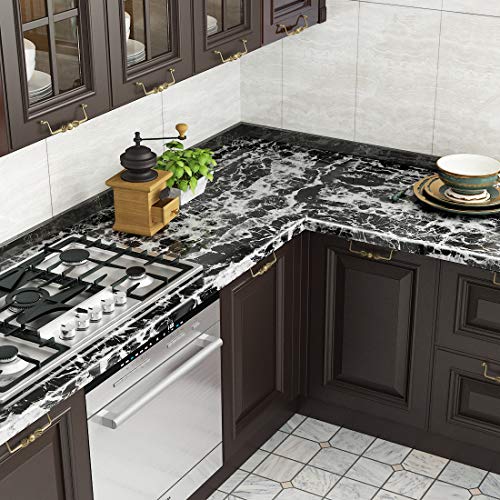 Livelynine 15.8x394 Black Contact Paper Peel and Stick Countertops Kitchen Wallpaper Marble Vinyl Wrap for Countertop Waterproof Counter Top Covers Desk Cover Table Cabinet Self Adhesive Covering