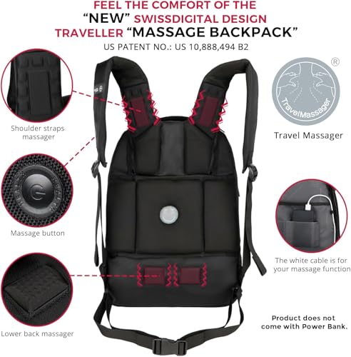 Swissdigital Design Fits 15.6 inch Large Laptop Backpack for Men and Women, Computer Bag with USB Charging Port and Vibrating Massager for Business/Travel/Commute Daily, Black | SENSOR3