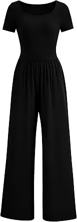 PRETTYGARDEN Women's Summer One Piece Jumpsuits Dressy Casual Short Sleeve Square Neck Wide Leg Jumpsuit Rompers