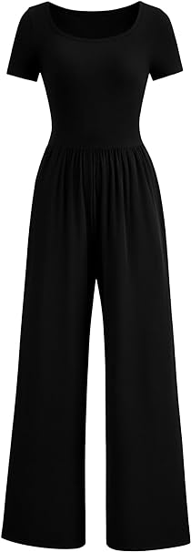 PRETTYGARDEN Women's Summer One Piece Jumpsuits Dressy Casual Short Sleeve Square Neck Wide Leg Jumpsuit Rompers