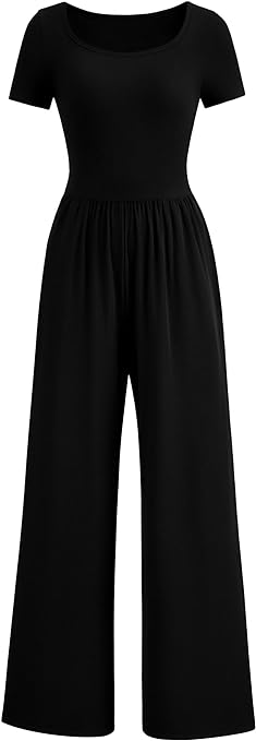PRETTYGARDEN Women's Summer One Piece Jumpsuits Dressy Casual Short Sleeve Square Neck Wide Leg Jumpsuit Rompers