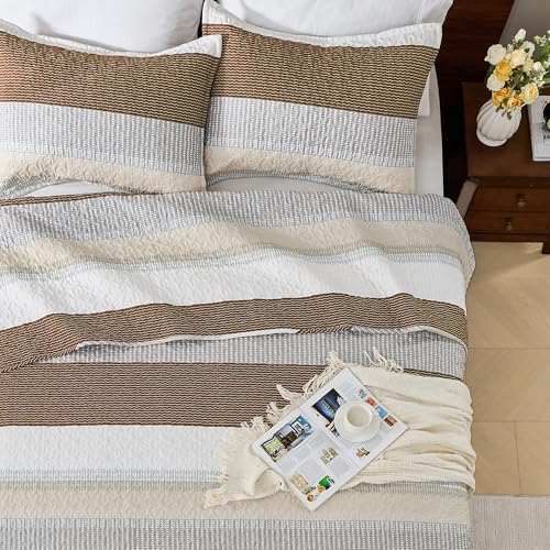 Image of Andency King Size Quilt Set Caramel Brown, 3 Pieces Summer Ultra Soft Lightweight Bedspreads & Coverlets Set, Patchwork Striped Quilted Bedding Sets for All Seasons (1 Quilt, 2 Pillow Shams)