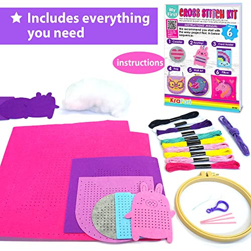 KRAFUN My First Cross Stitch Kit for Kids Ages 5-12, 6 Beginner Arts & Crafts Projects with Keyring, Bag, Pillow - Image 2