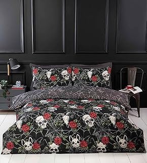 Rapport Home Black Duvet Cover Set with Skulls & Roses, Halloween Themed Microfibre Double Bedding Set