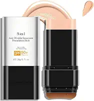 Bastão de base antirugas 3 em 1 de luxo FPS 50+ com escova, bastão de base fosco hidratante não pegajoso, loção protetora solar para rosto e corpo, cor média, 3 ml