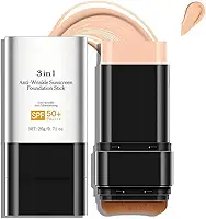 Bastão de base antirugas 3 em 1 de luxo FPS 50+ com escova, bastão de base fosco hidratante não pegajoso, loção protetora solar para rosto e corpo, cor média, 3 ml