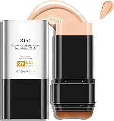 Bastão de base antirugas 3 em 1 de luxo FPS 50+ com escova, bastão de base fosco hidratante não pegajoso, loção protetora solar para rosto e corpo, cor média, 3 ml