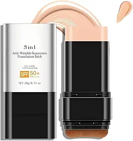 Bastão de base antirugas 3 em 1 de luxo FPS 50+ com escova, bastão de base fosco hidratante não pegajoso, loção protetora solar para rosto e corpo, cor média, 3 ml