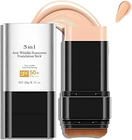 Bastão de base antirugas 3 em 1 de luxo FPS 50+ com escova, bastão de base fosco hidratante não pegajoso, loção protetora solar para rosto e corpo, cor média, 3 ml