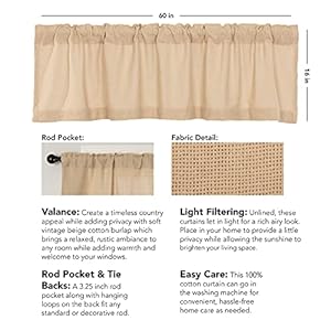 Vhc brands burlap vintage window curtain topper valance beige 16×60  urban country home decor