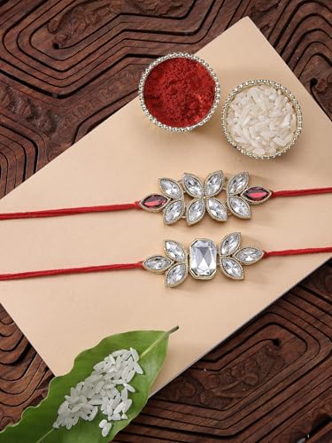 Image of Sukkhi Elegant Kundan Designer Gold Plated Premium Rakhi for Brother, Roli Chawal & Greeting Card | Combo-Set of 2