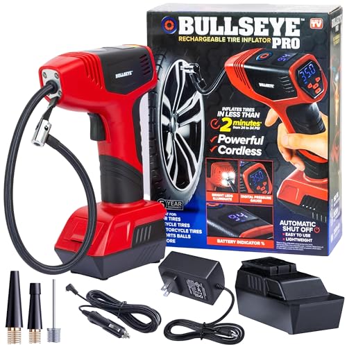 BULLSEYE PRO Tire Inflator with Pressure Gauge, Compact and Portable, Automatic Shut Off, 150 PSI Max, USB Home Rechargeable and Cord for Vehicular Use As Seen On TV (9475)