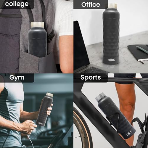 Image of Allo Stainless Steel Water Bottle For Adults, Kids 1 Litre Water Bottles For School, Office, Sports, Gym 1L Water Bottle For Men And Women, Pack Of 2 | Leak Proof & Bpa Free, Black Diamond Steel Cap