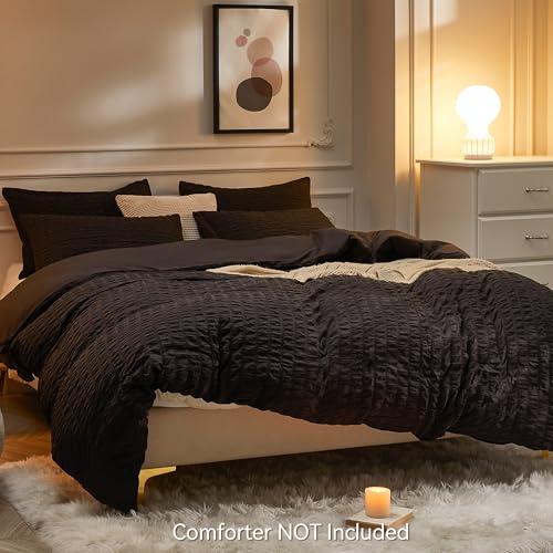 Image of JELLYMONI Black Duvet Cover King Size, 3pcs Washed Microfiber Bedding Set, Soft Breathable Seersucker Duvet Cover Set with Zipper Closure and Corner Ties for All Seasons