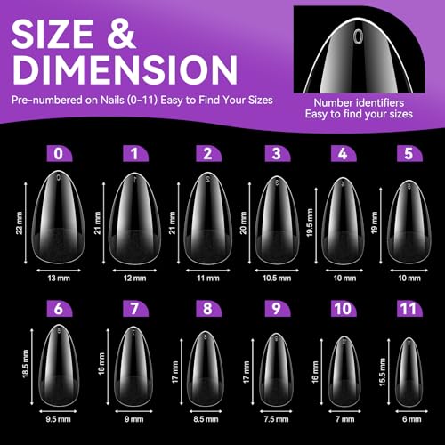 Gelike EC Almond Nail Tips 240PCS 12 Sizes Soft Short for Manicure
